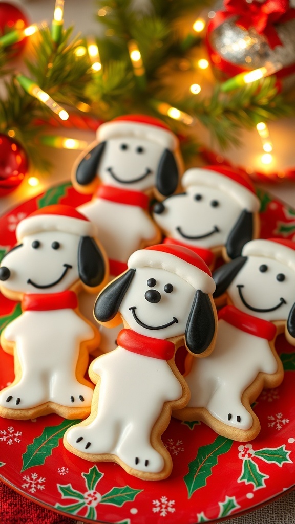 Snoopy-shaped Christmas cookies decorated with icing on a holiday plate with fairy lights.